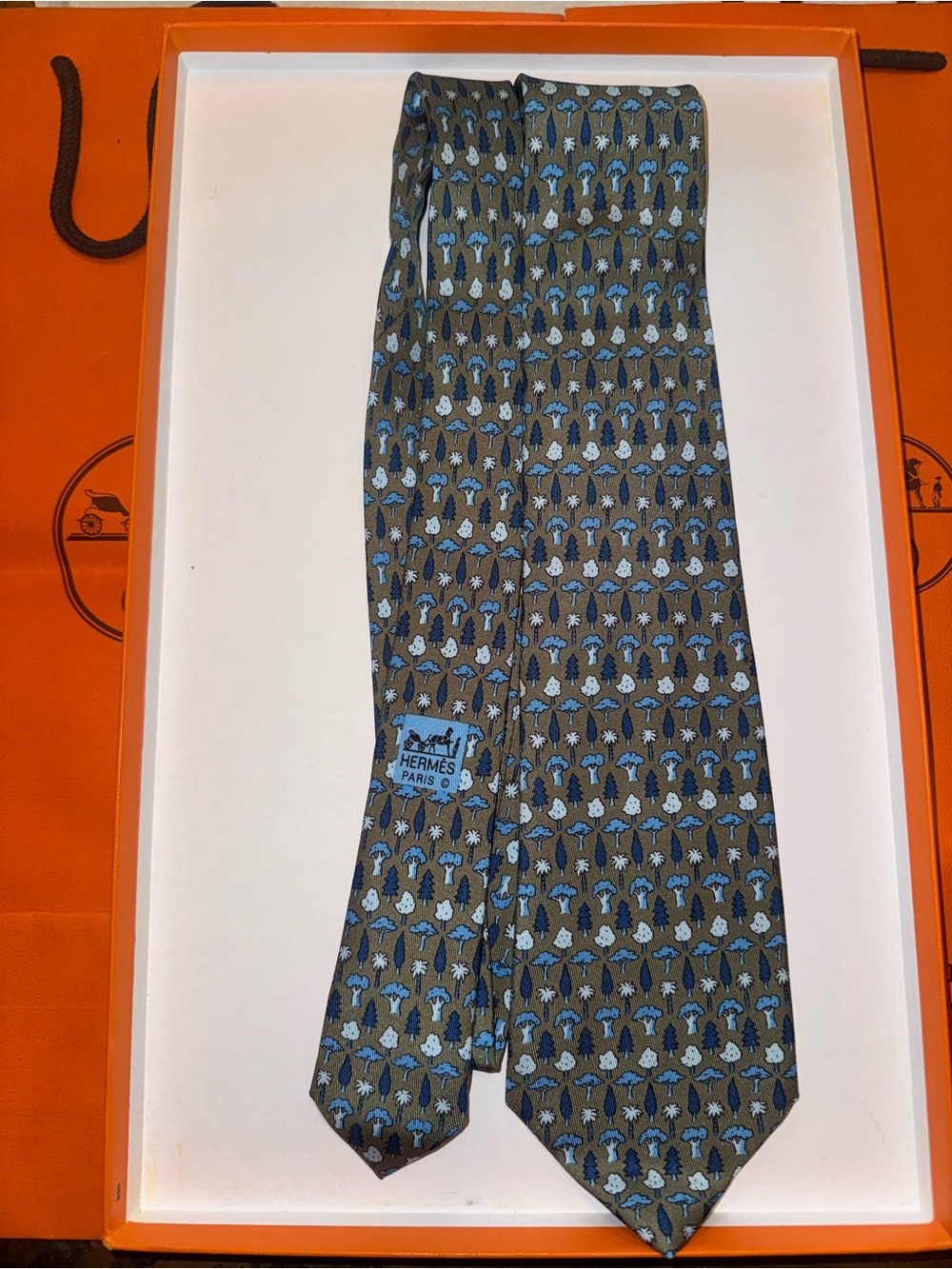 Hermes Olive Green Tie with Tree Pattern